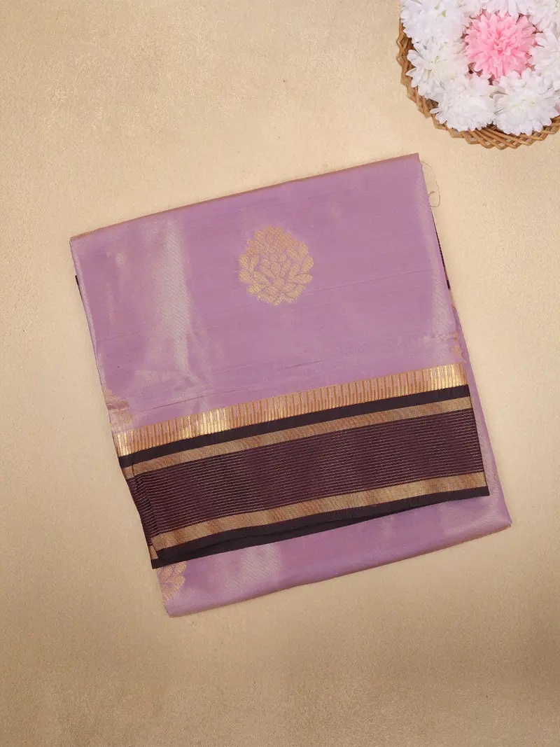 Lavender Butta Woven Tissue Saree With Contrast Maroon Zari Border 1