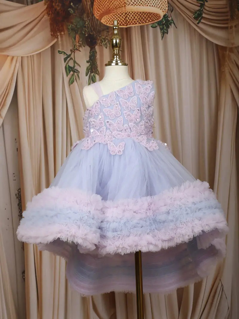 Lavender Butterfly Layered Design Net Ruffle Frock 1
