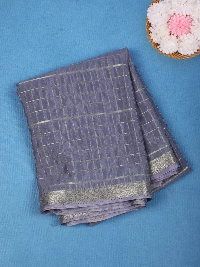 Lavender Checked Design Mysore Silk Saree 1