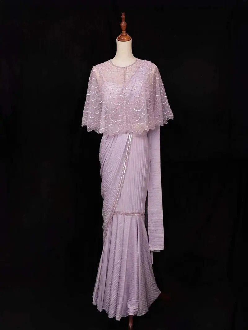 Lavender Chiffon Ready To Wear Saree With Plain Body Paired With Designer Blouse And Overcoat 1