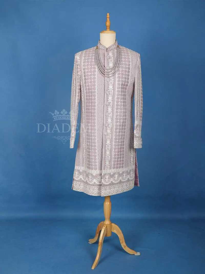Lavender Cotton Floral Designed Sherwani Suit 1