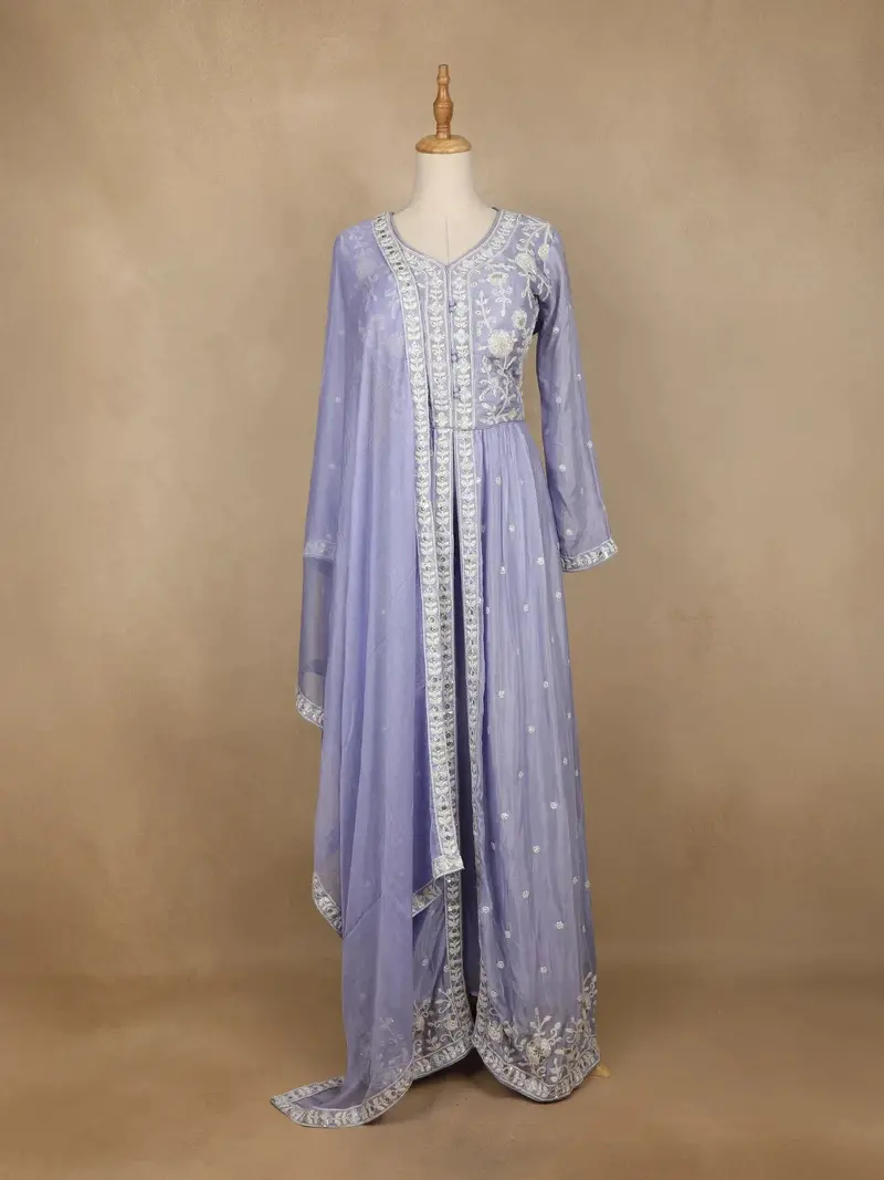 Lavender Crepe Palazzo Suit With Floral Embroidery Design 1