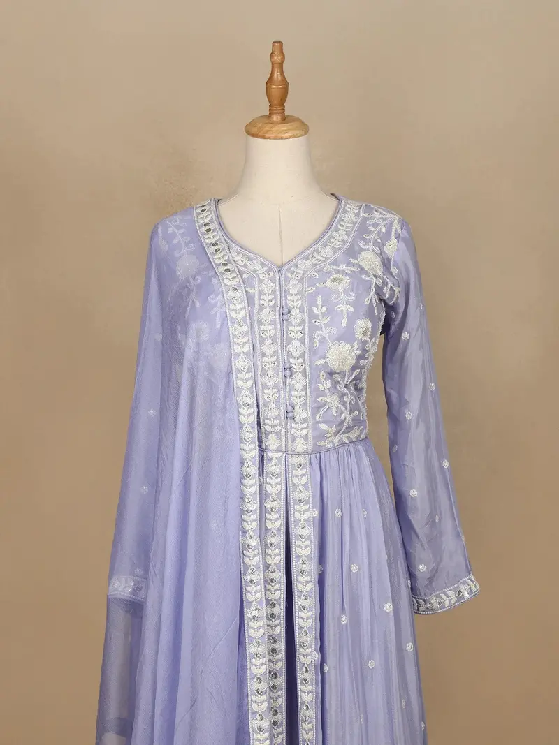 Lavender Crepe Palazzo Suit With Floral Embroidery Design 2