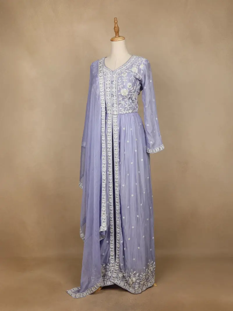 Lavender Crepe Palazzo Suit With Floral Embroidery Design 3