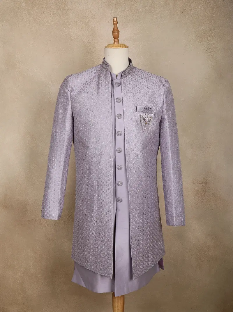 Lavender Diamond Woven Design Jacquard Sherwani Suit With Brooch 1