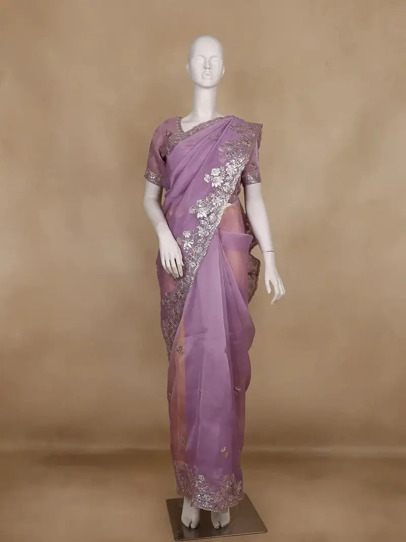 Lavender Embellished Design Organza Saree 1