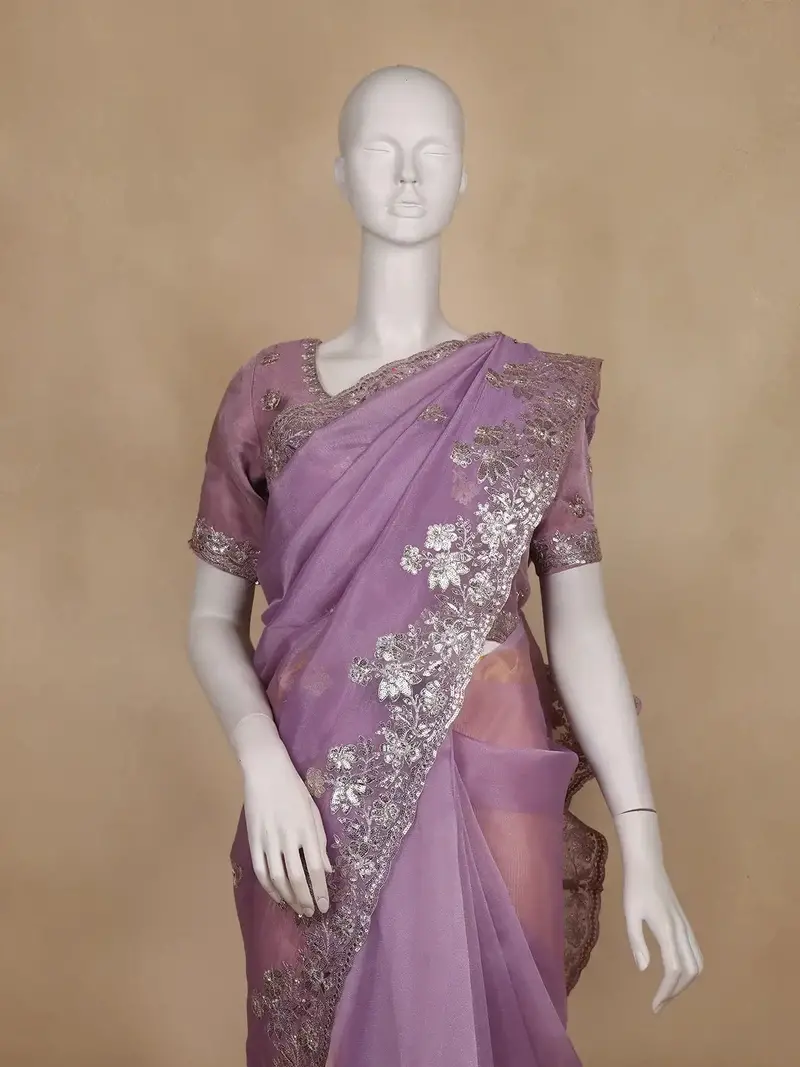 Lavender Embellished Design Organza Saree 2