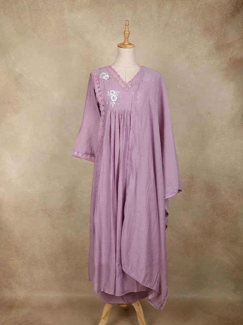 Lavender Floral Appliqué Embroidered Cotton Salwar Suit With Scallop Lace 1