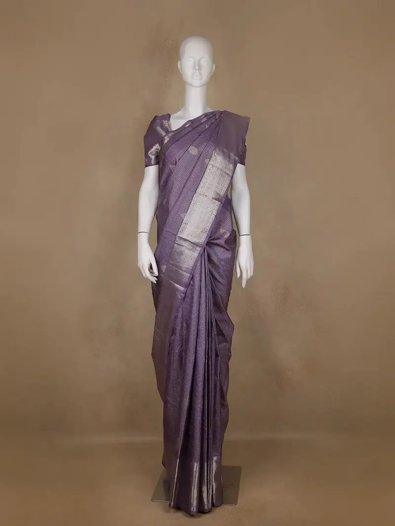 Lavender Floral Butta And Checks Woven Silk Saree 1