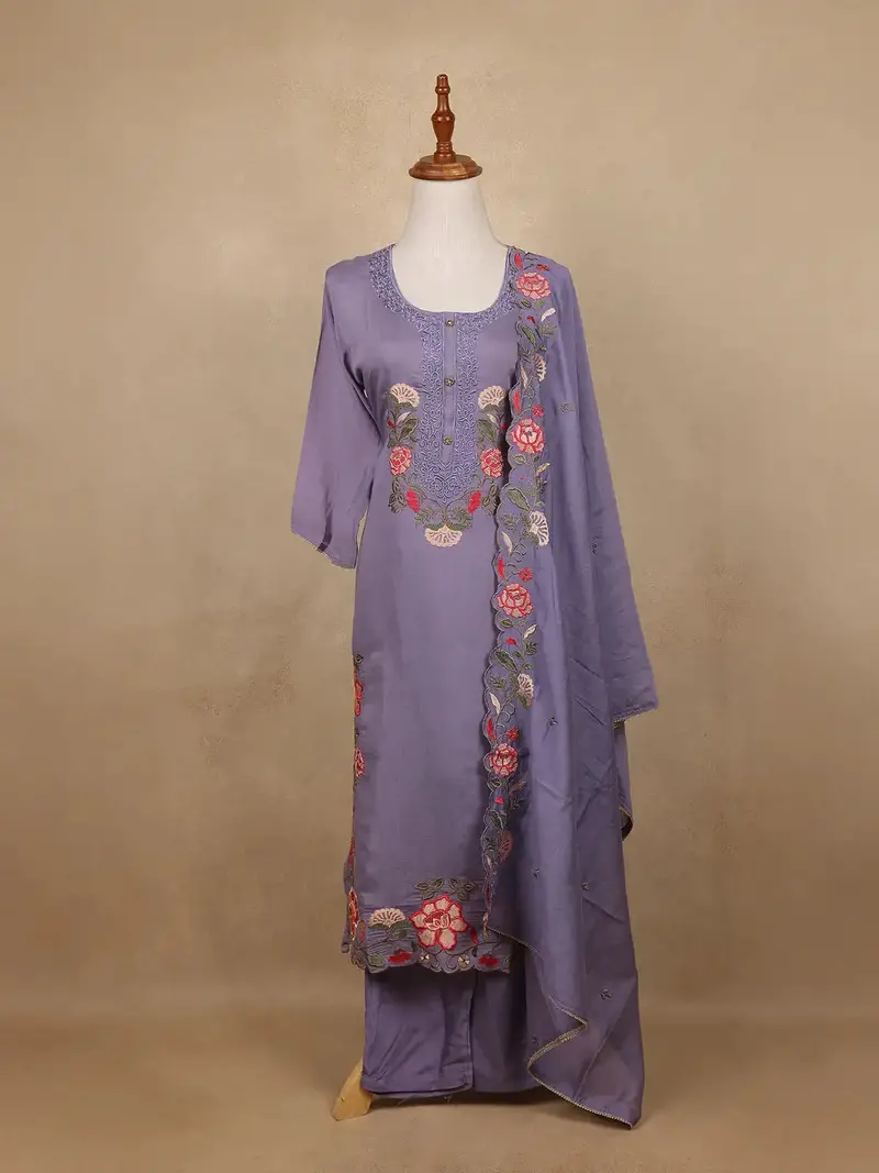Lavender Floral Design Embroidered  Cotton Salwar Suit 1