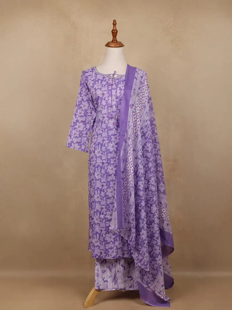Lavender Floral Design Print Cotton Salwar Suit 1