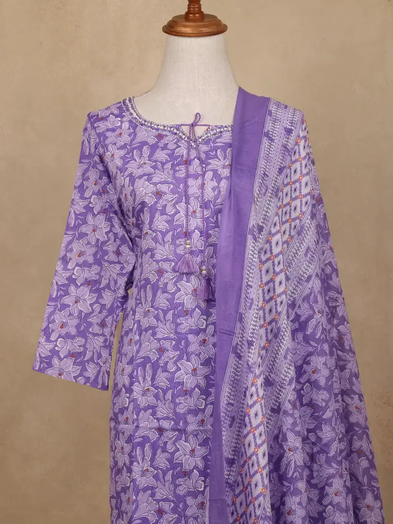 Lavender Floral Design Print Cotton Salwar Suit 2