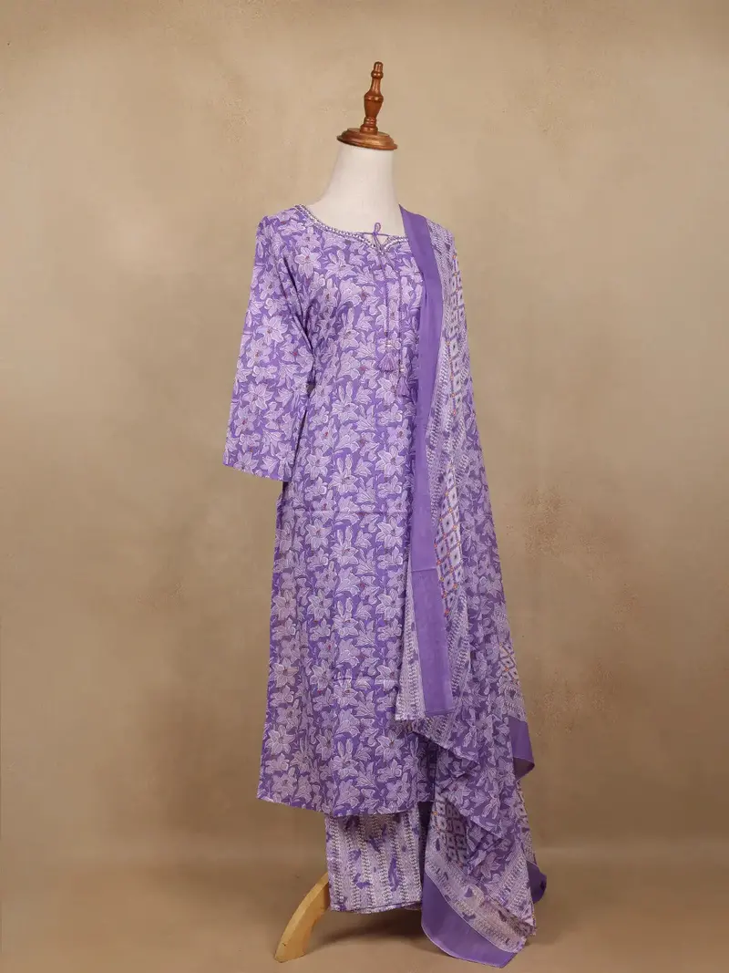 Lavender Floral Design Print Cotton Salwar Suit 4