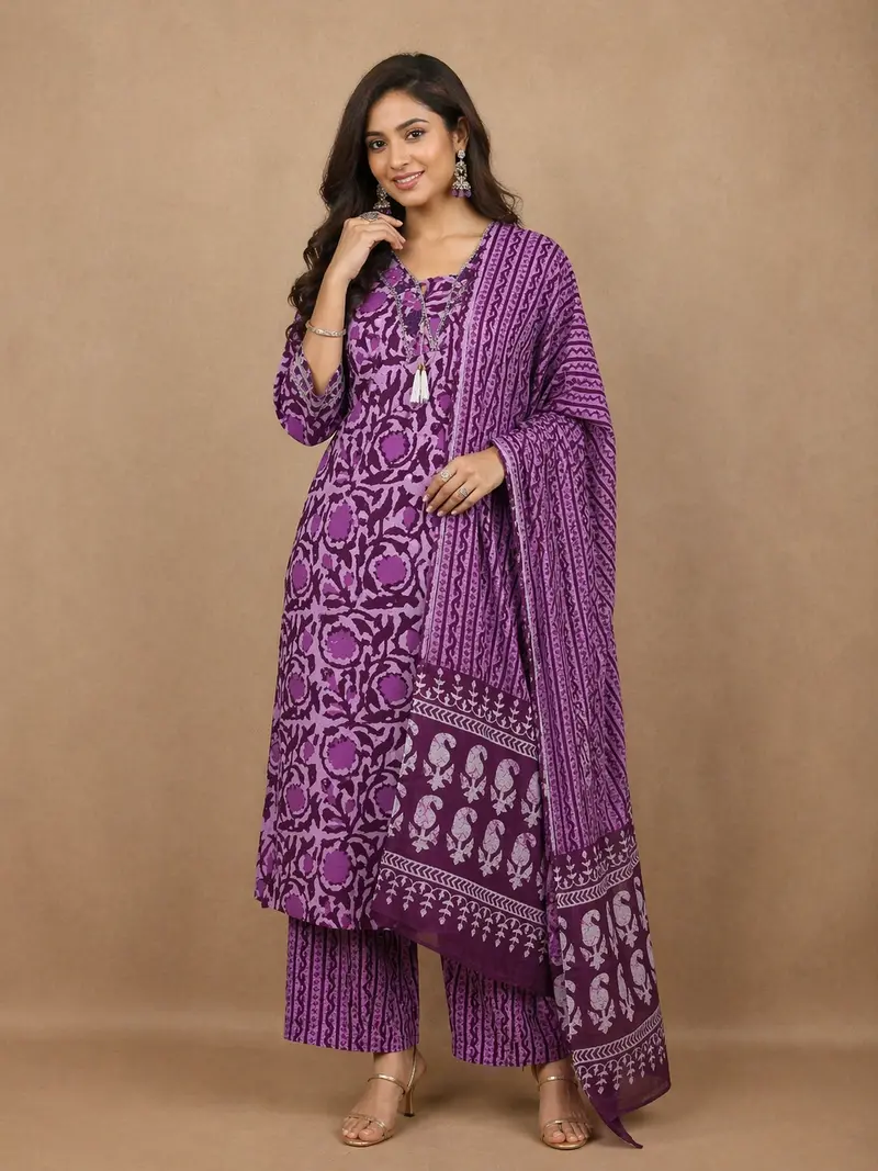 Lavender Floral Design Printed Cotton Salwar Suit 1