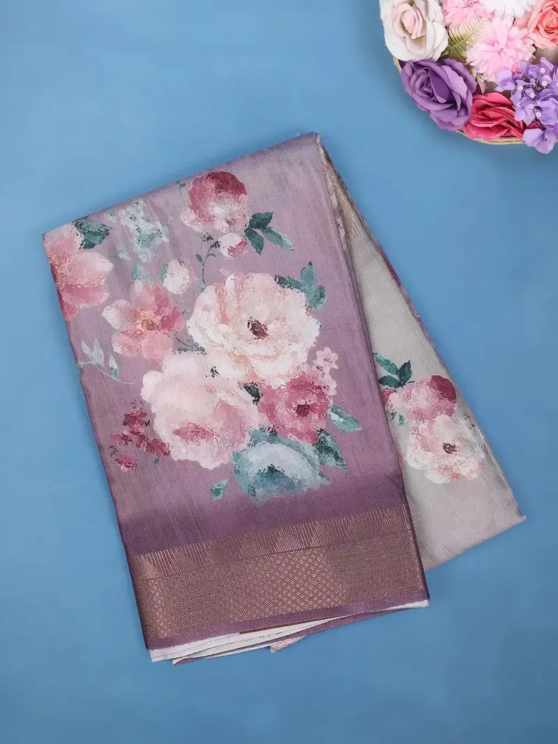 Lavender Floral Design Printed Cotton Saree 1