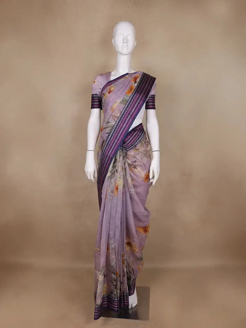 Lavender Floral Design Printed Kota Cotton Saree 1