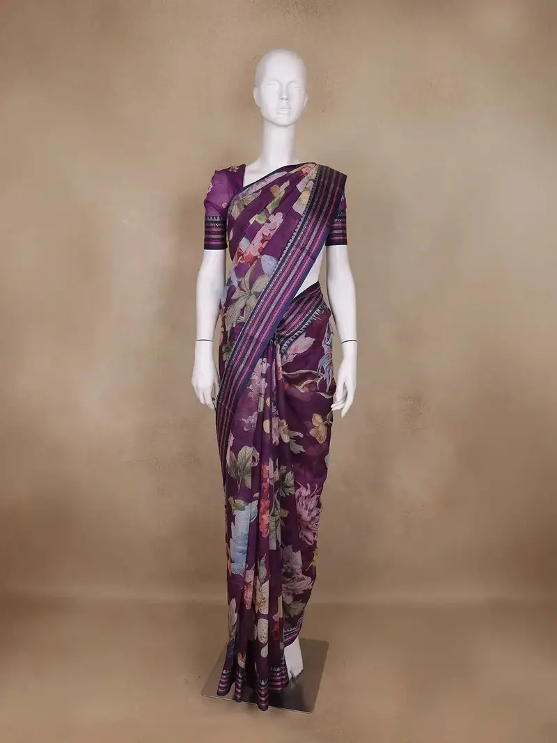 Lavender Floral Design Printed Kota Cotton Saree 1