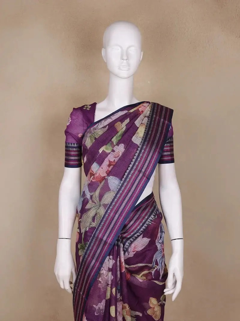 Lavender Floral Design Printed Kota Cotton Saree 2