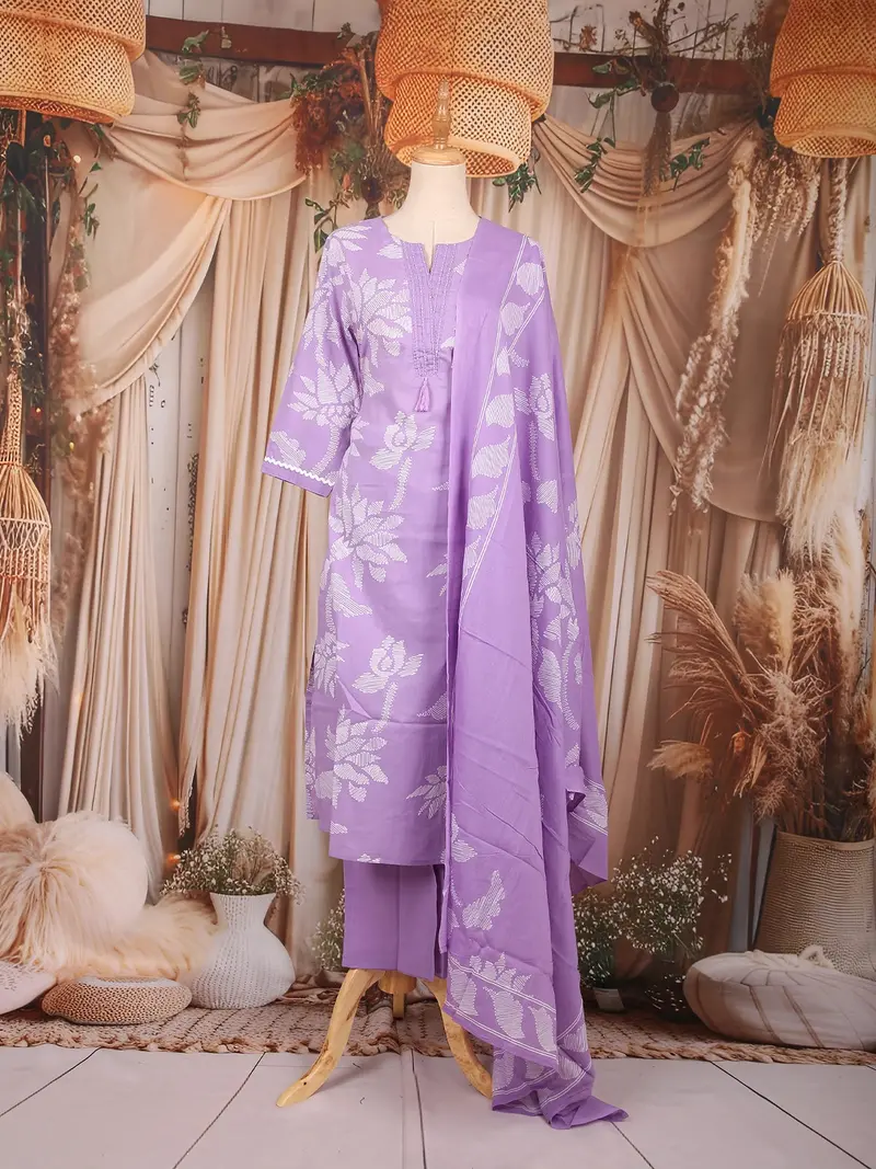 Lavender Floral Designed Cotton Salwar Suit 1