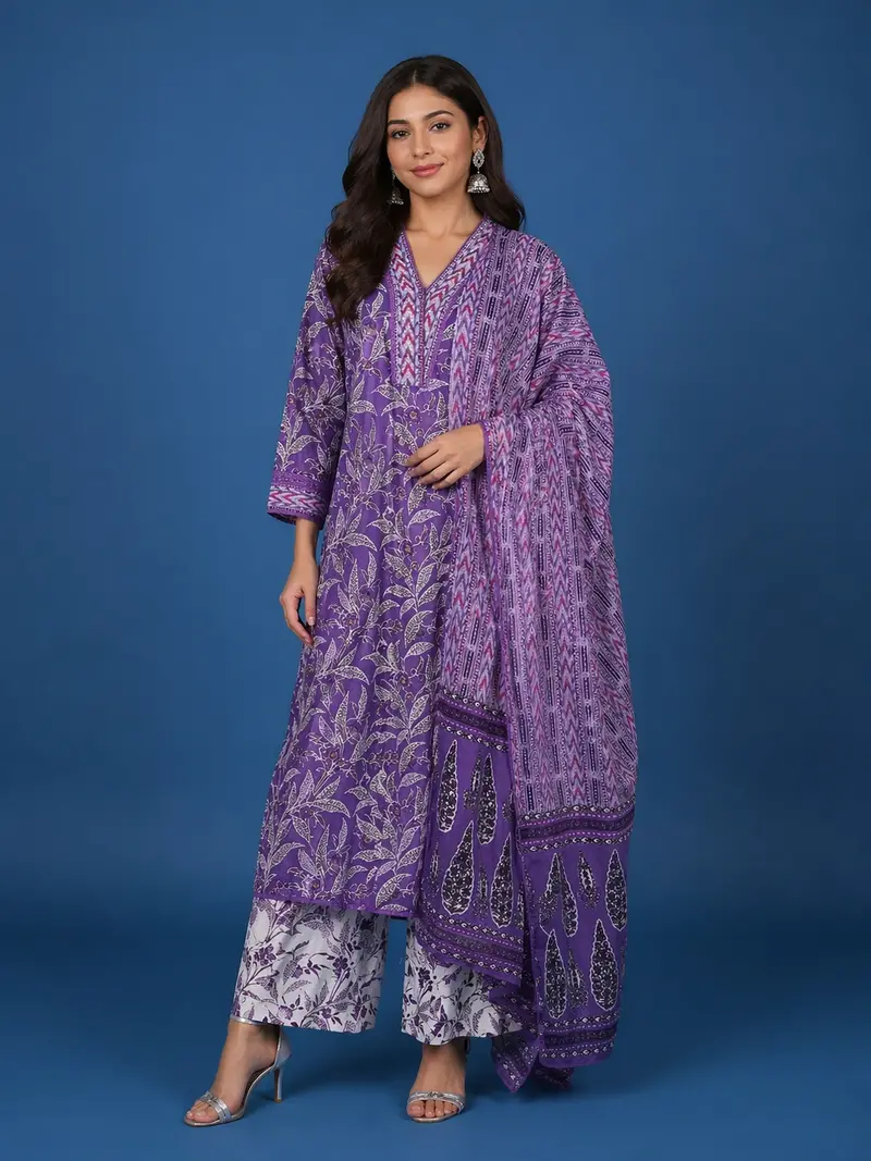 Lavender Floral Designed Cotton Straight Cut Salwar Suit 1