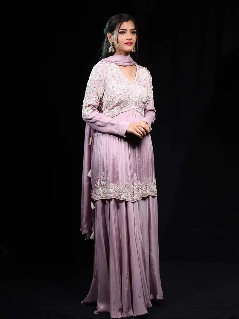 Lavender Floral Designed Crepe Palazzo Salwar Suit 1