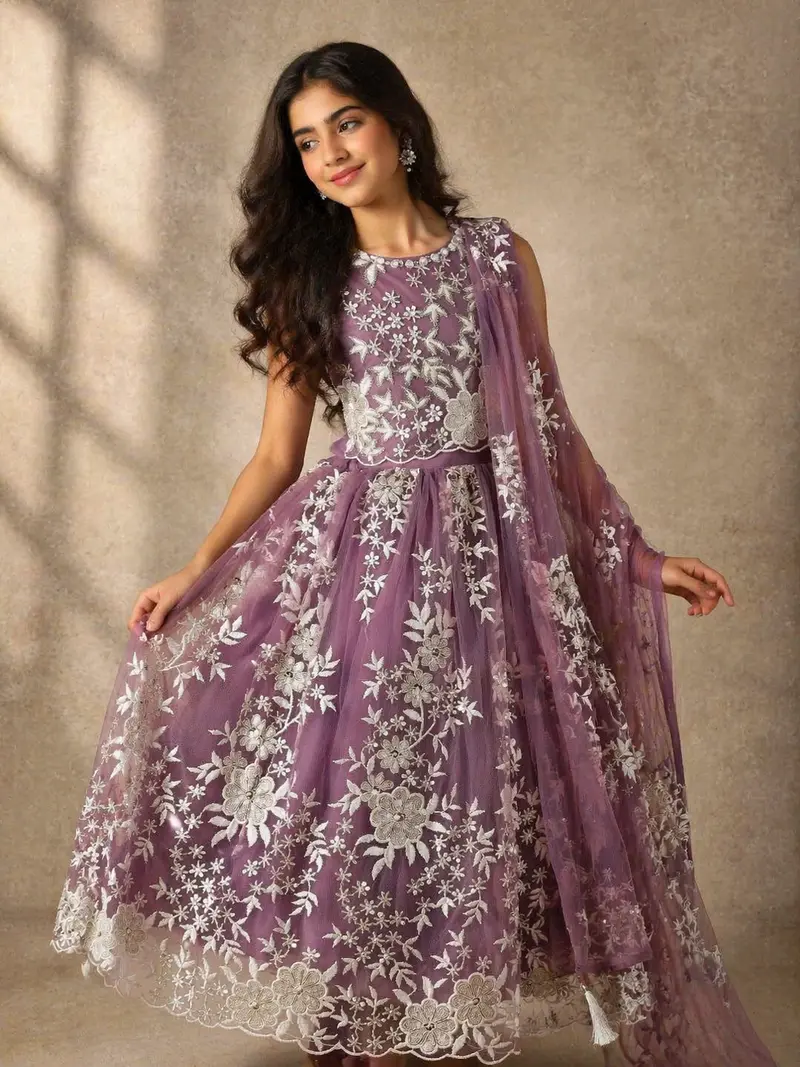 Lavender Floral Designed Net Lehenga 1