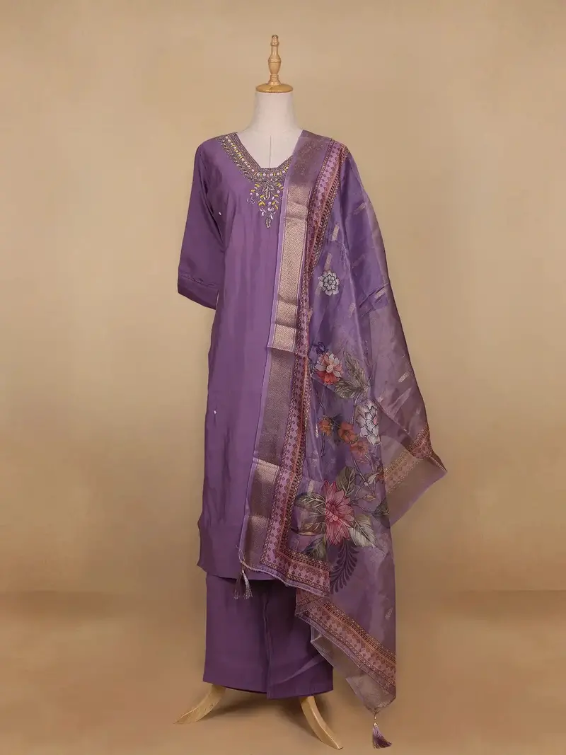 Lavender Floral Designed Semi Silk Salwar Suit 1