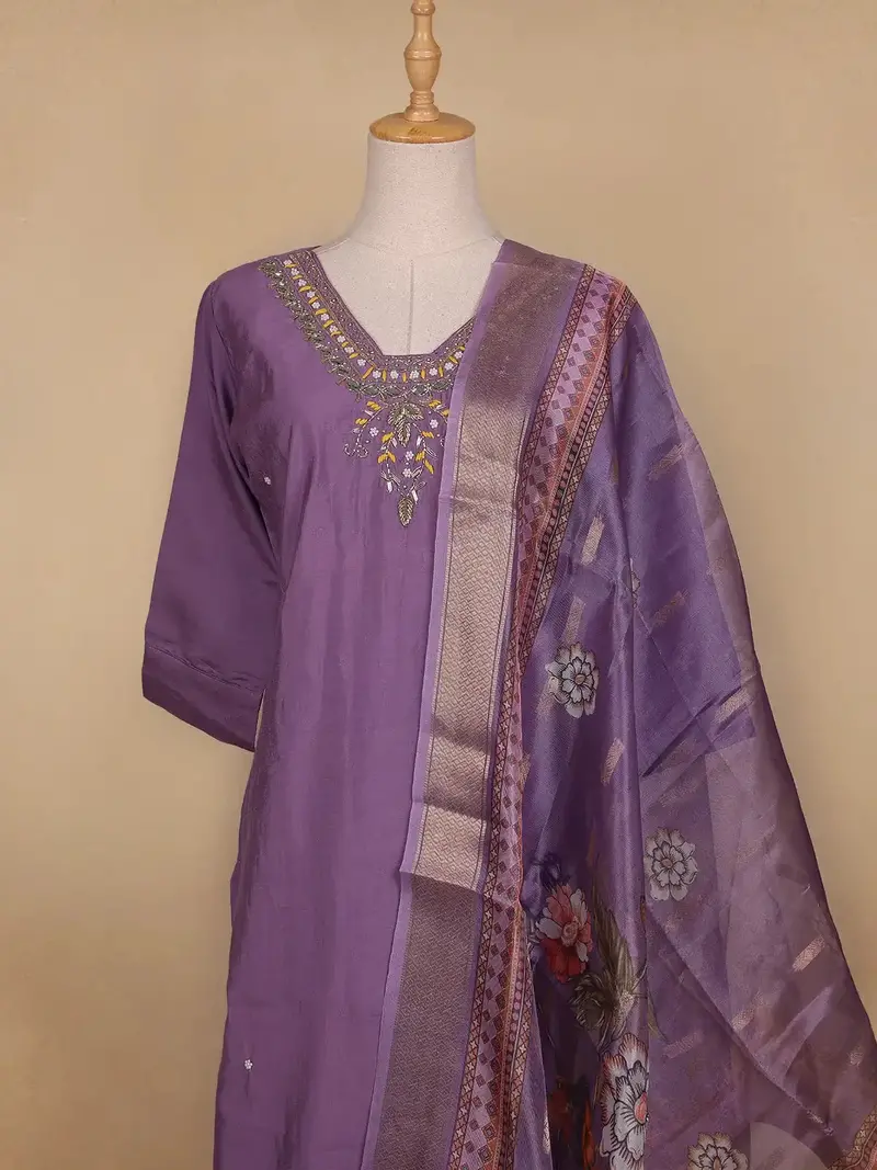 Lavender Floral Designed Semi Silk Salwar Suit 2