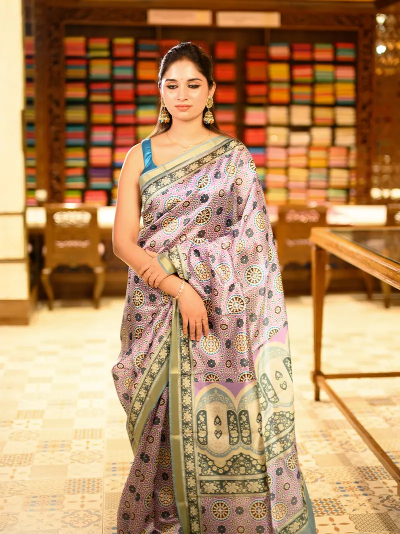 Lavender Floral Designed Semi Silk Saree 1