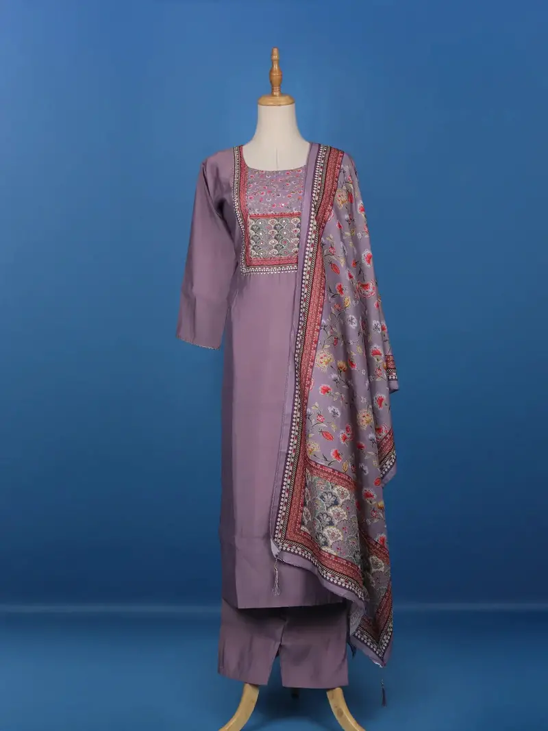 Lavender Floral Designed Semi Silk Straight Cut Salwar Suit 1
