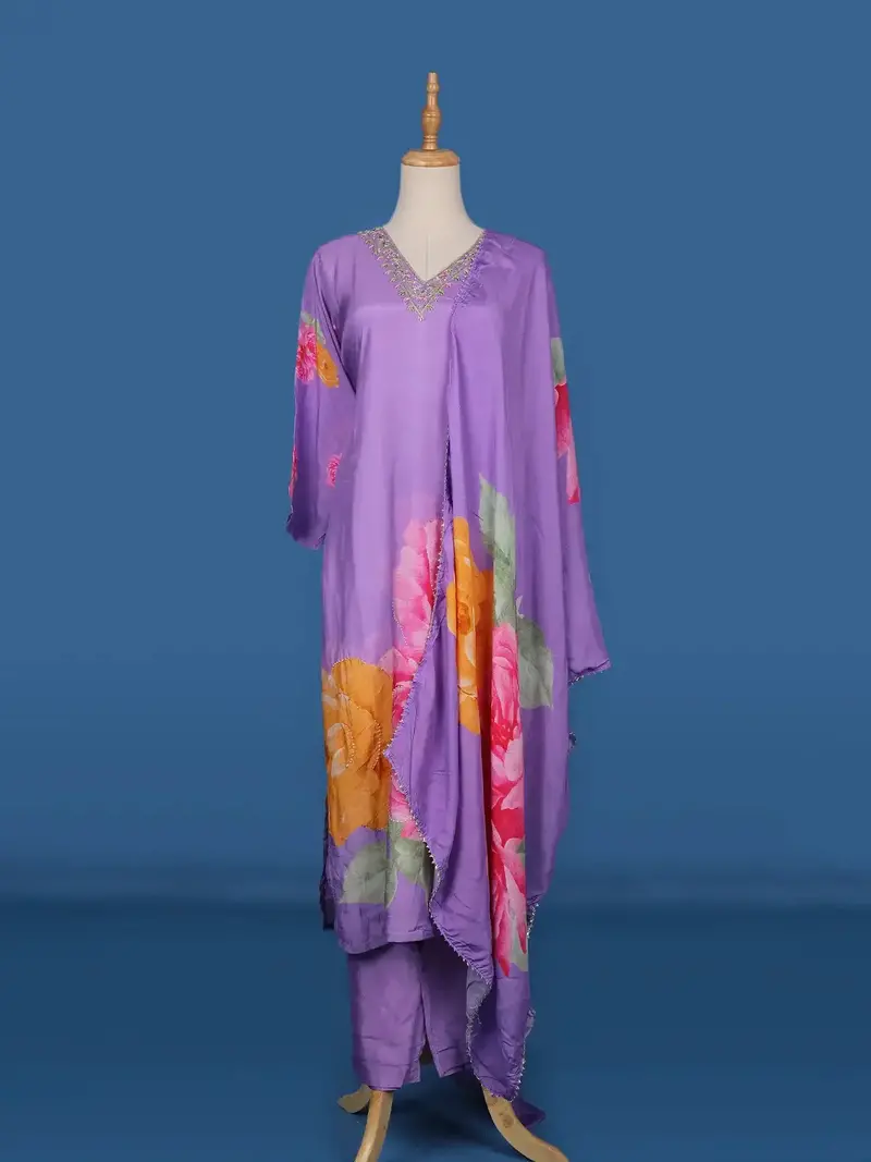 Lavender Floral Designed Semi Silk Straight Cut Salwar Suit 1