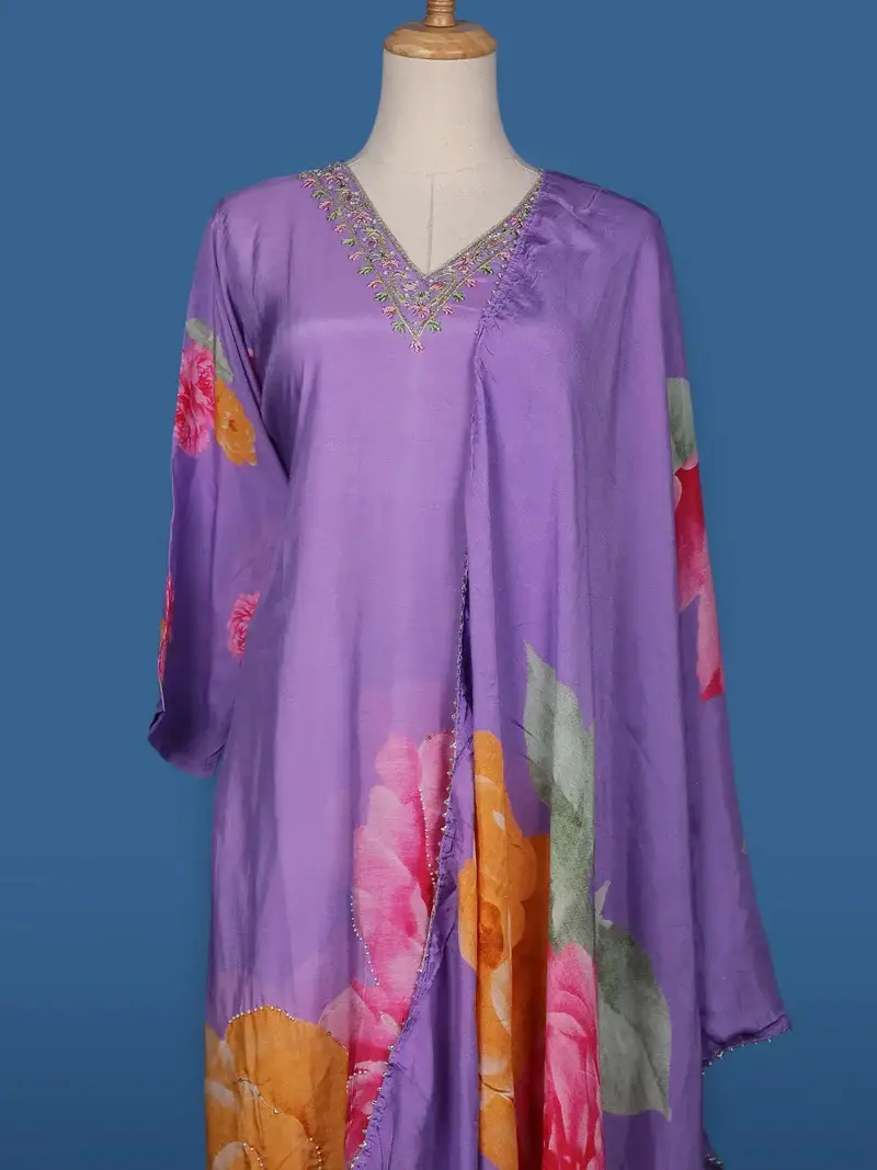 Lavender Floral Designed Semi Silk Straight Cut Salwar Suit 2