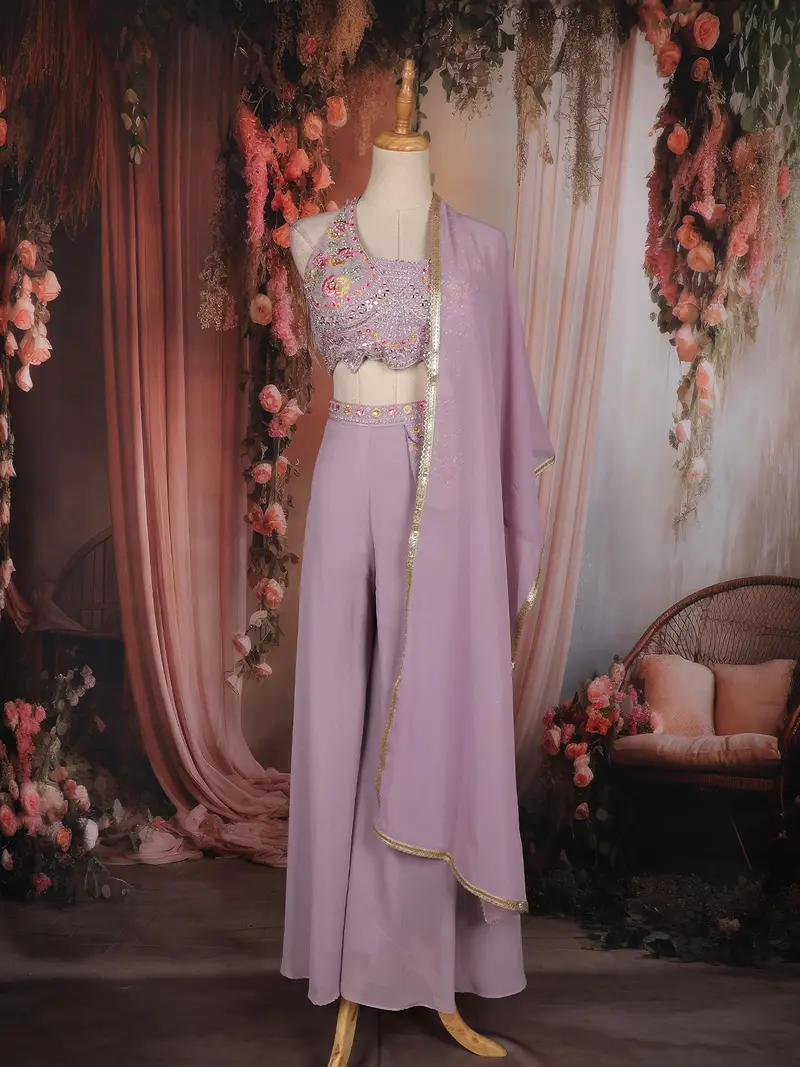 Lavender Floral Embellished Design Georgette Indo Western Palazzo Suit With Dupatta 1