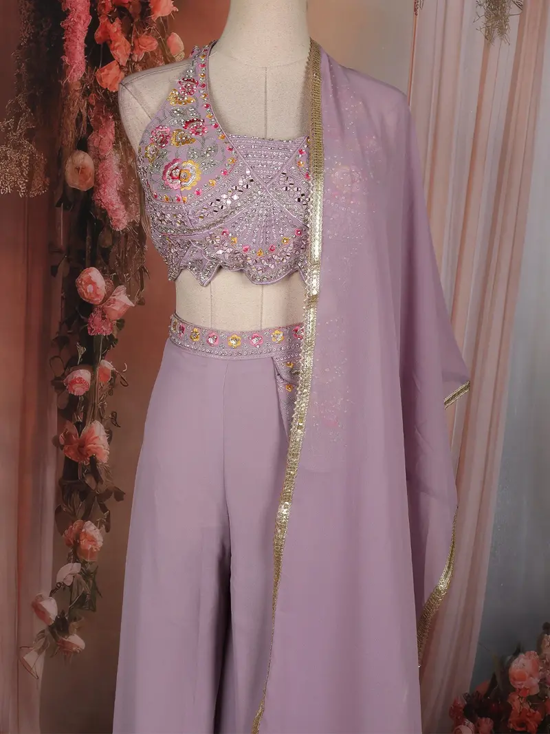 Lavender Floral Embellished Design Georgette Indo Western Palazzo Suit With Dupatta 2