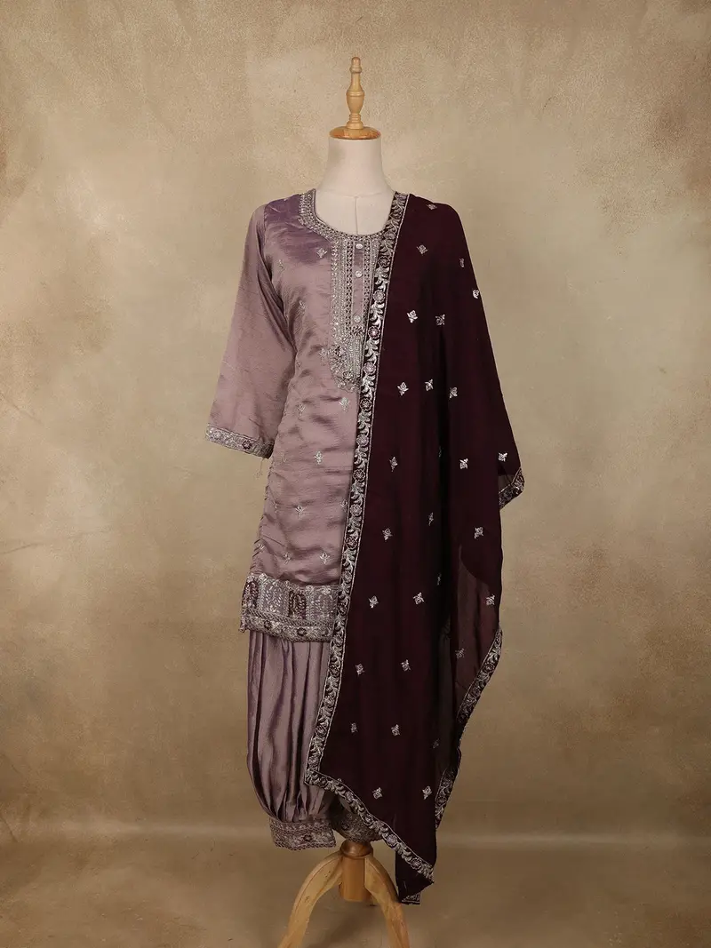 Lavender Floral Embellished Design Silk Palazzo Suit With Contrast Dupatta 1