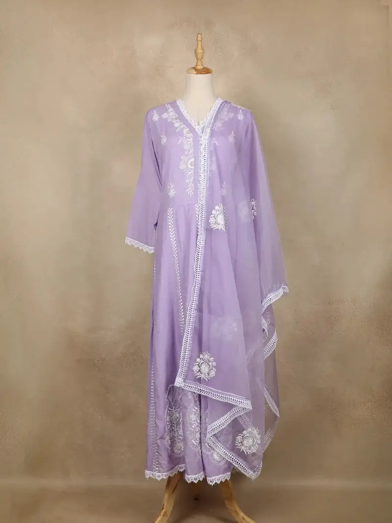 Lavender Floral Embroidered Cotton Salwar Suit 1