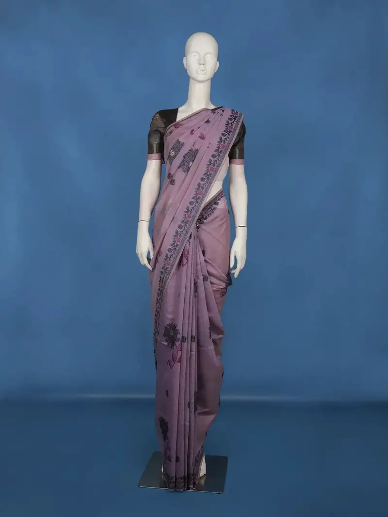 Lavender Floral Embroidered Design Pure Cotton Saree 1
