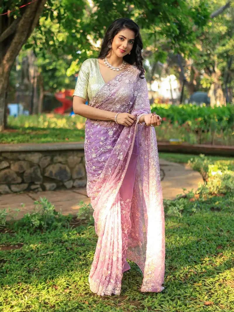Lavender Floral Embroidered Organza Designer Saree 1