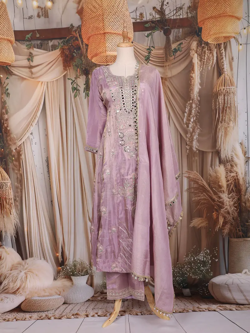 Lavender Floral Embroidered Organza Palazzo Suit 1