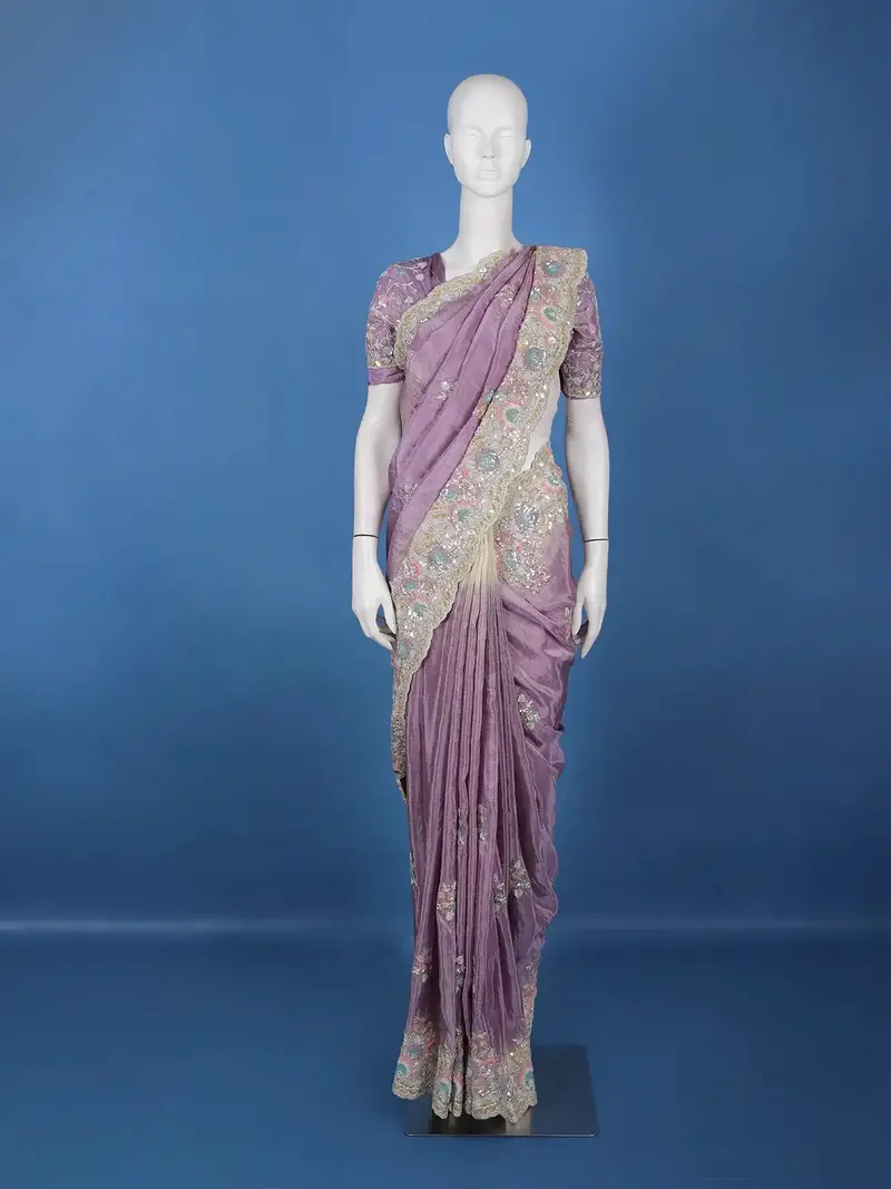 Lavender Floral Embroidered Satin Saree 1