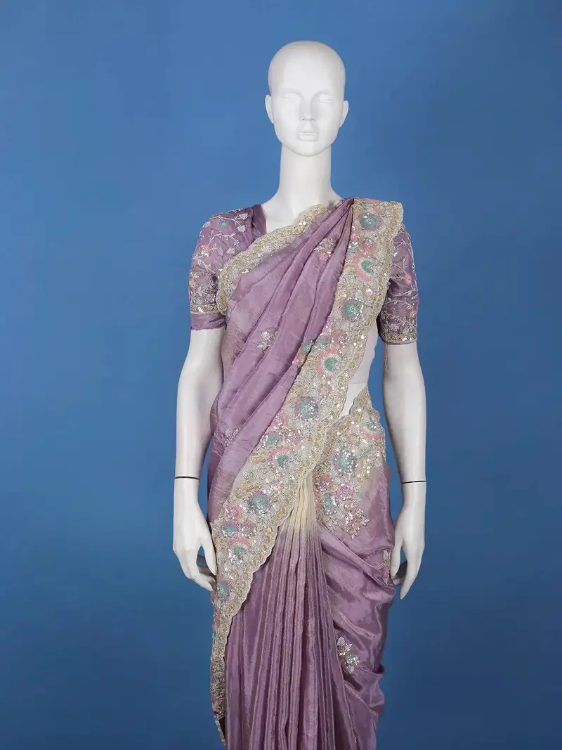 Lavender Floral Embroidered Satin Saree 2