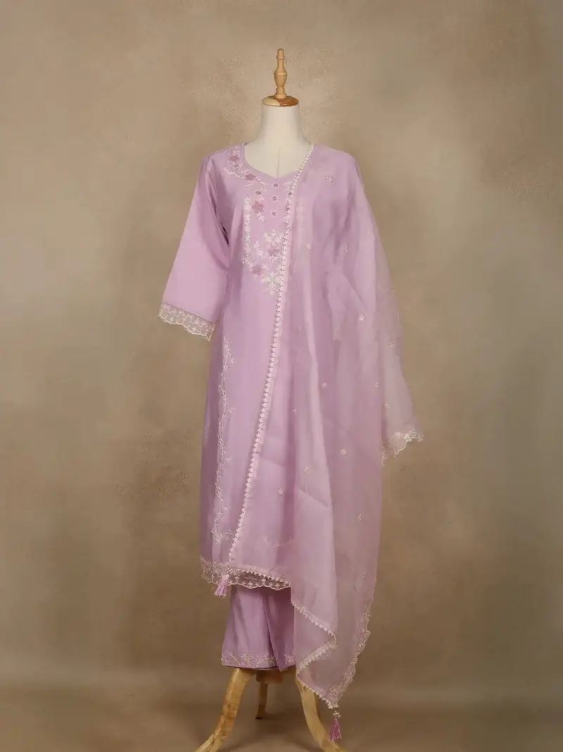 Lavender Floral Embroidered Silk Cotton Salwar Suit 1