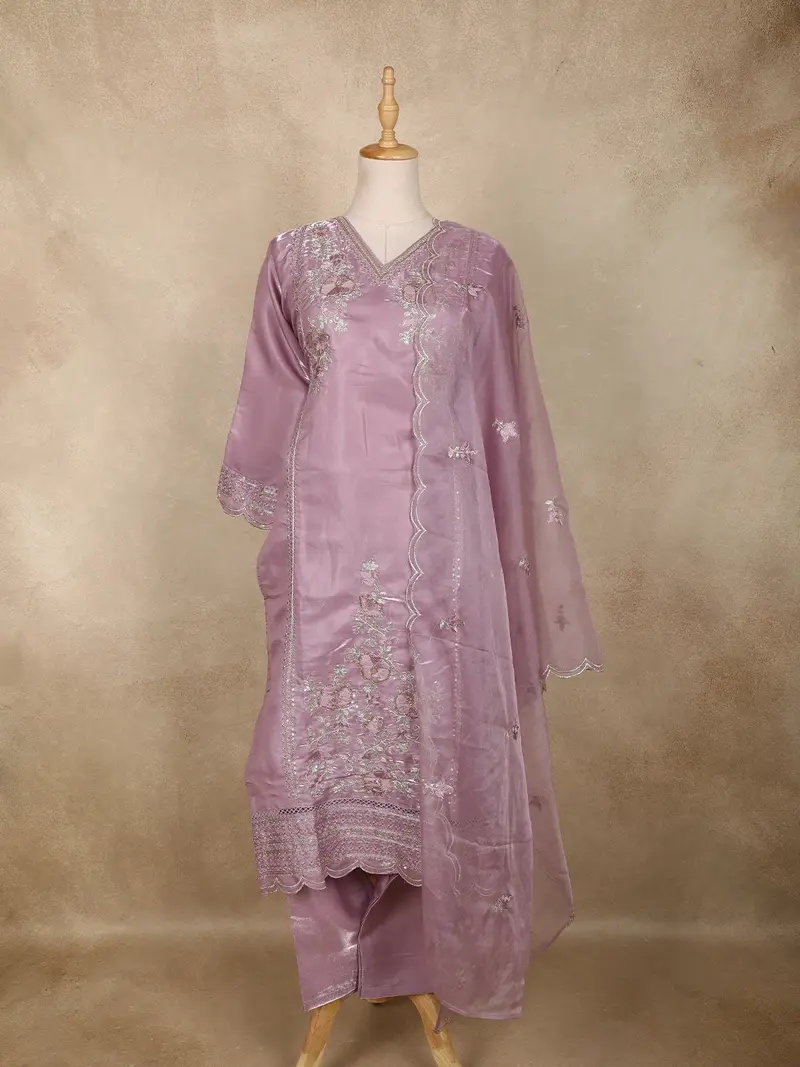Lavender Floral Embroidered Tissue Cotton Straight Cut Salwar Suit With Dupatta 1