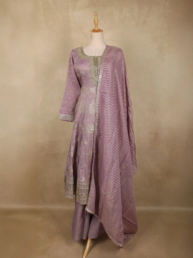 Lavender Floral Embroidered Tissue Silk Palazzo Suit With Striped Dupatta 1
