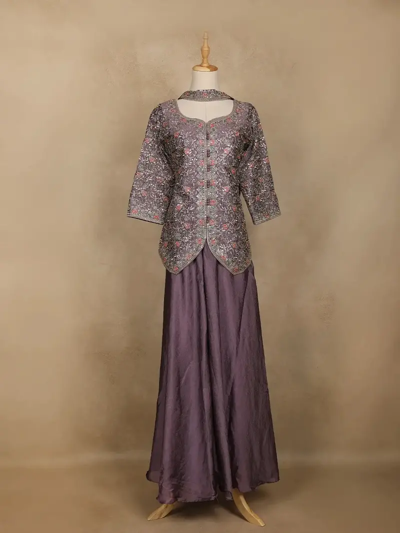 Lavender Floral Embroidered Tussar Palazzo Suit 1