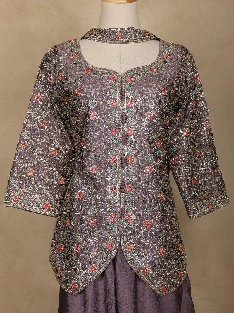Lavender Floral Embroidered Tussar Palazzo Suit 2