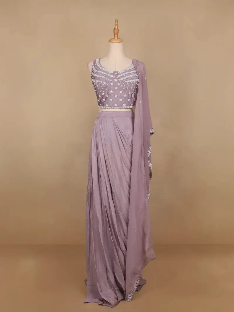 Lavender Floral Embroidery Crepe Silk Ready To Wear Saree With Designer Blouse 1