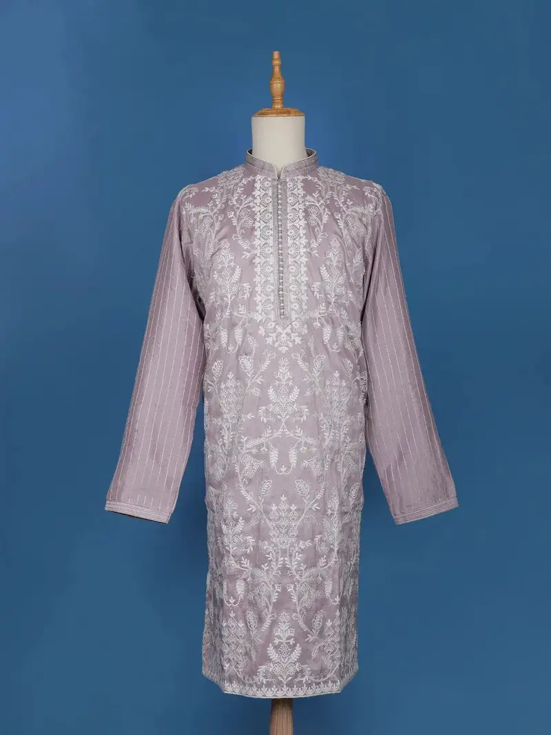 Lavender Floral Embroidery Raw Silk Kurta Set With Pant 1