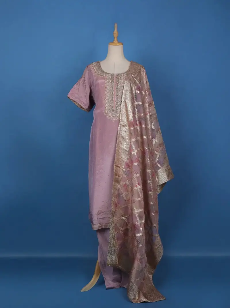 Lavender Floral Embroidery Tissue Silk Salwar Suit 1