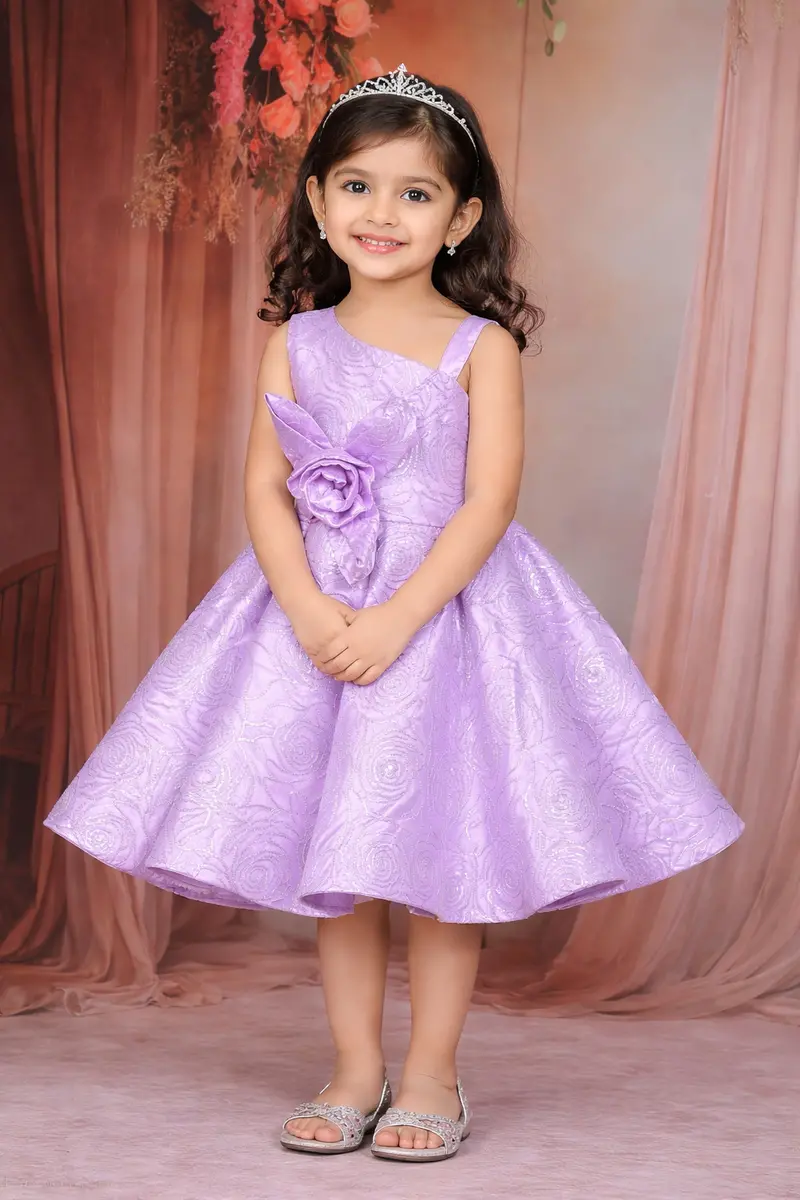 Lavender Floral Jacquard Design Net Party Wear Kids Frock 1